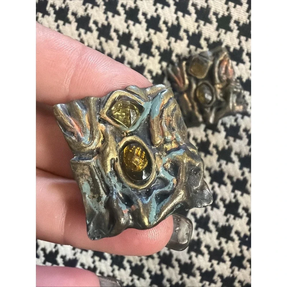 1980s Brutalist Clip On Earrings Mixed Metal Sculptural Statement 1.25
